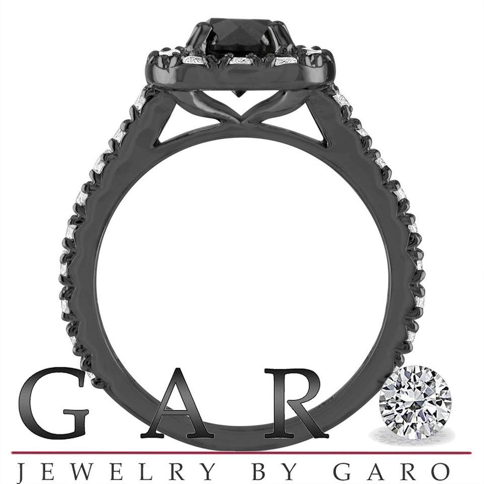 2.65 Carat Black Diamond Engagement Ring & Wedding Band Set 14k Black Gold Unique Halo Certified Handmade
