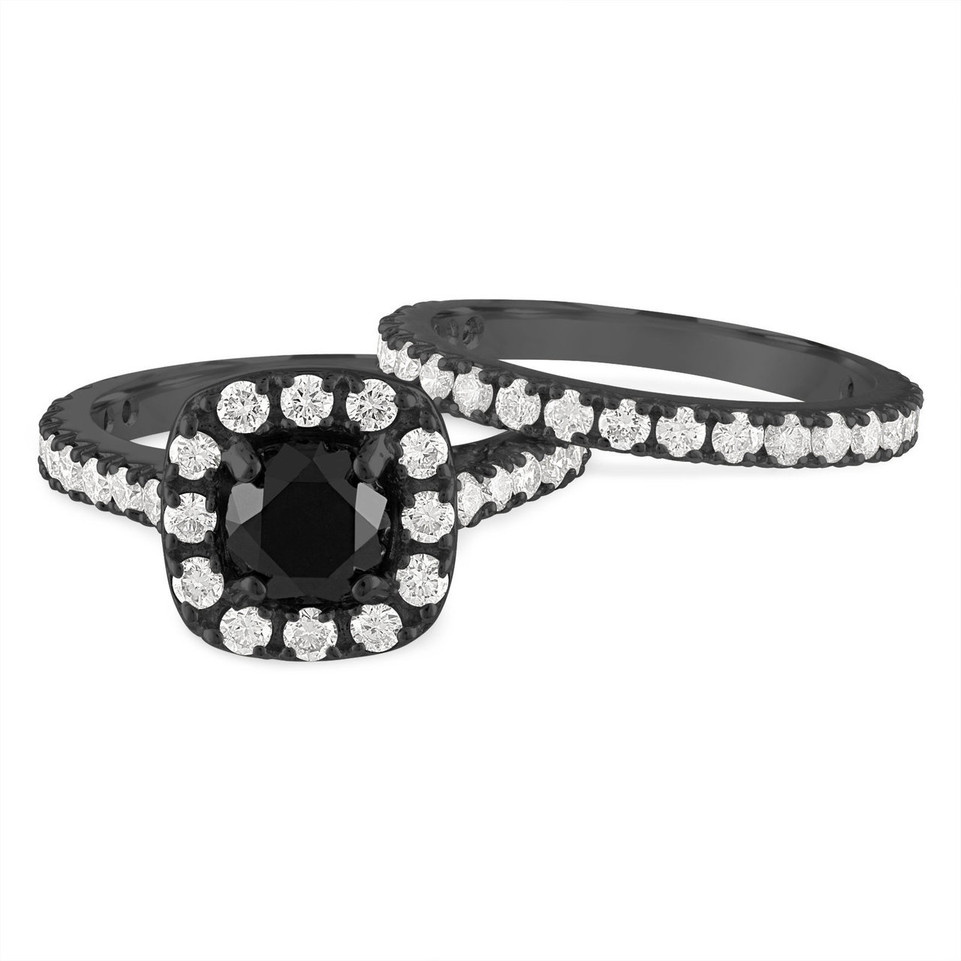 2.65 Carat Black Diamond Engagement Ring & Wedding Band Set 14k Black Gold Unique Halo Certified Handmade