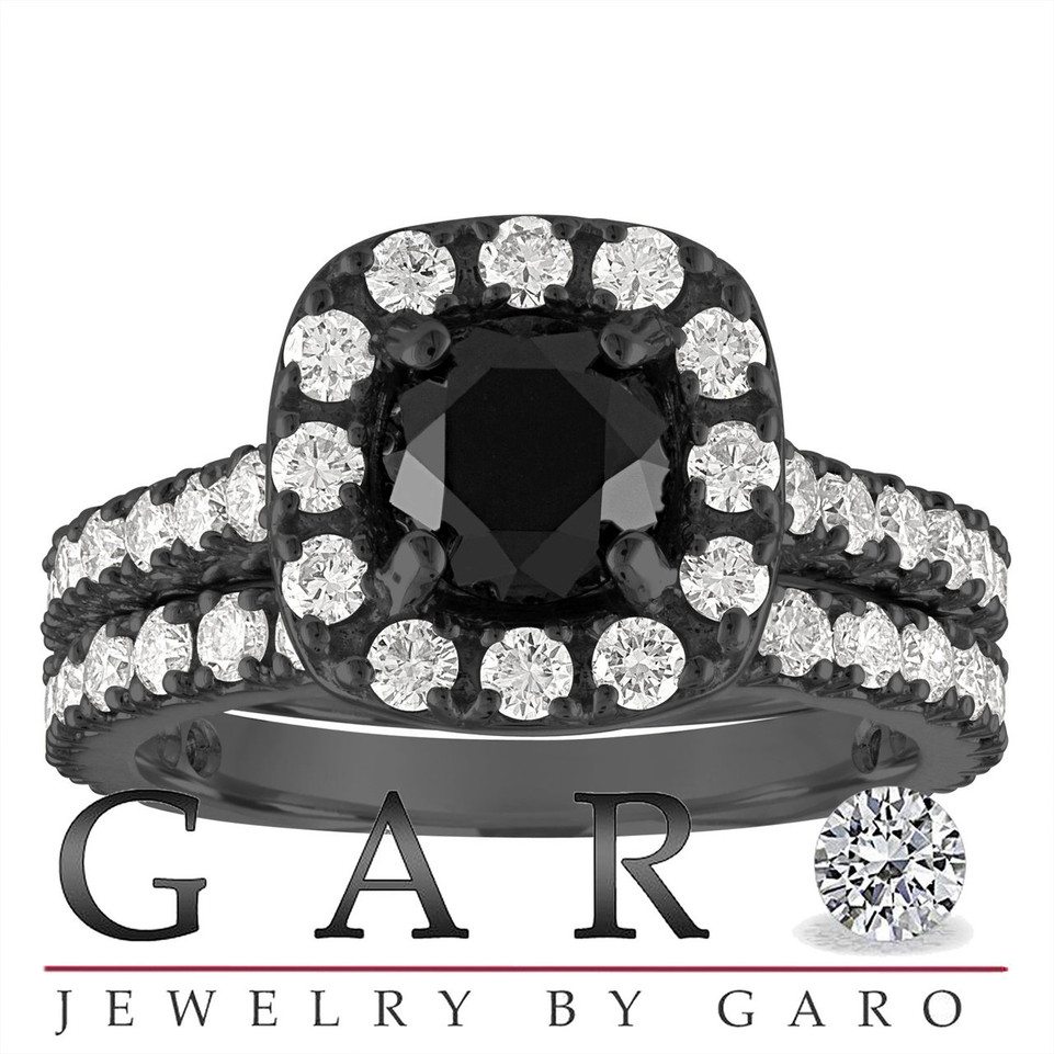 2.65 Carat Black Diamond Engagement Ring & Wedding Band Set 14k Black Gold Unique Halo Certified Handmade