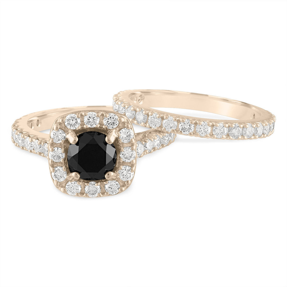 Black Diamond Halo Engagement Ring Sets 14K Yellow Gold 2.65 Carat Unique Certified Handmade