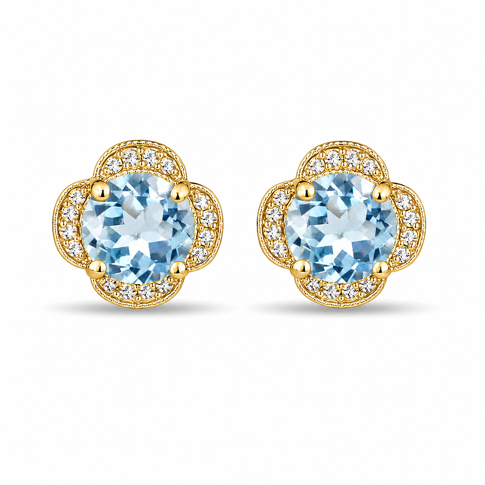 Aquamarine and Diamond Floral Halo Stud Earrings 3.32 Carat Filigree Gallery 14K White Gold or Yellow Gold Unique Handmade