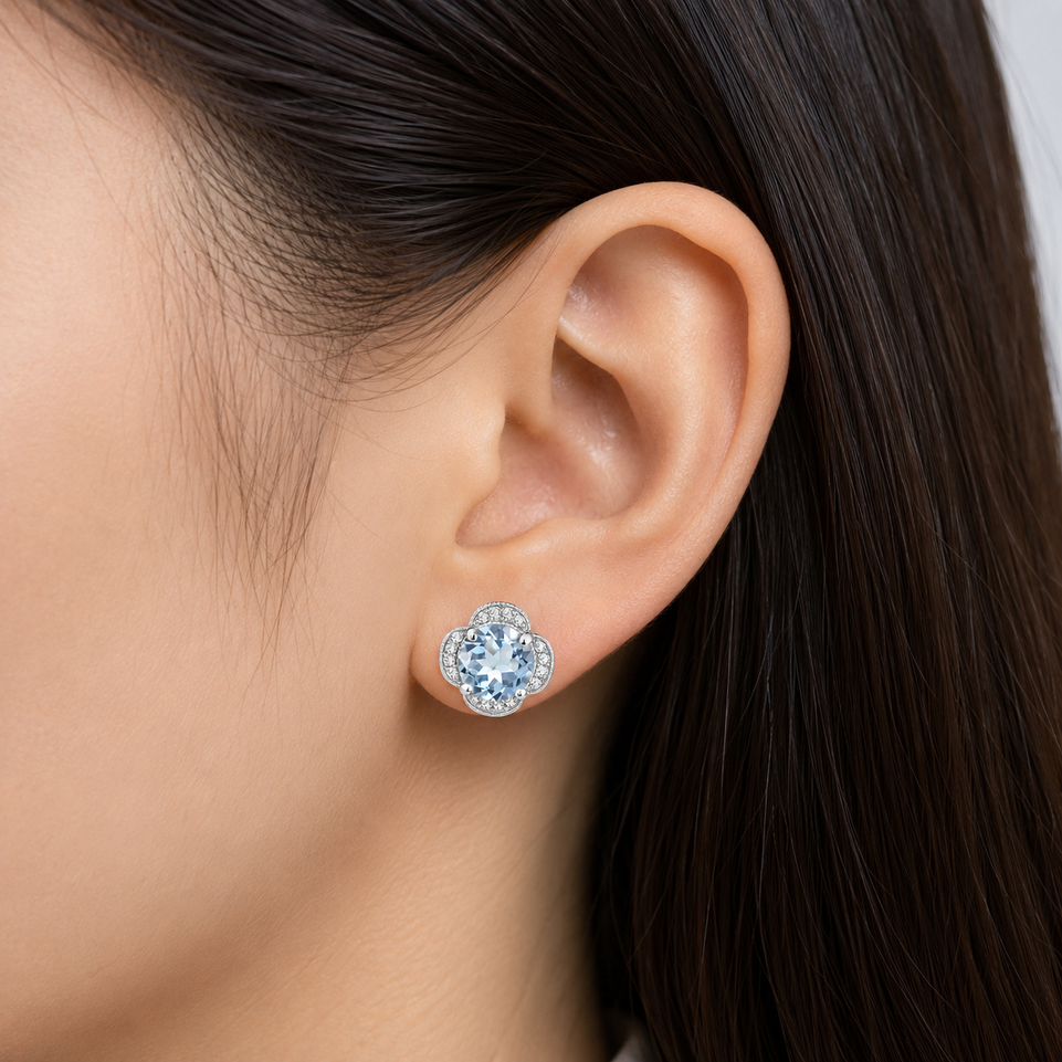 Aquamarine and Diamond Floral Halo Stud Earrings 3.32 Carat Filigree Gallery 14K White Gold or Yellow Gold Unique Handmade