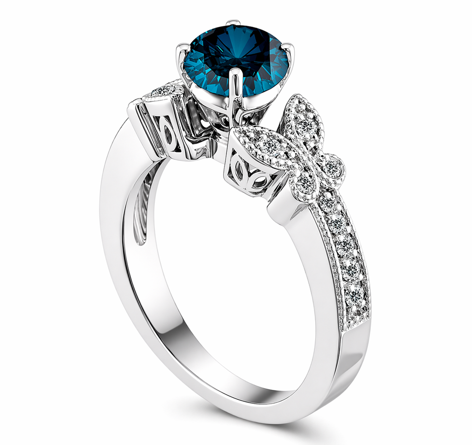 Blue Diamond Engagement Ring, Butterfly Wedding Ring 14K White Gold 1.20 Carat Certified Pave Handmade Unique