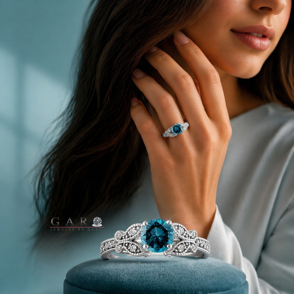 Blue Diamond Engagement Ring Platinum, Butterfly Wedding Ring, 1.20 Carat Certified Pave Handmade Unique