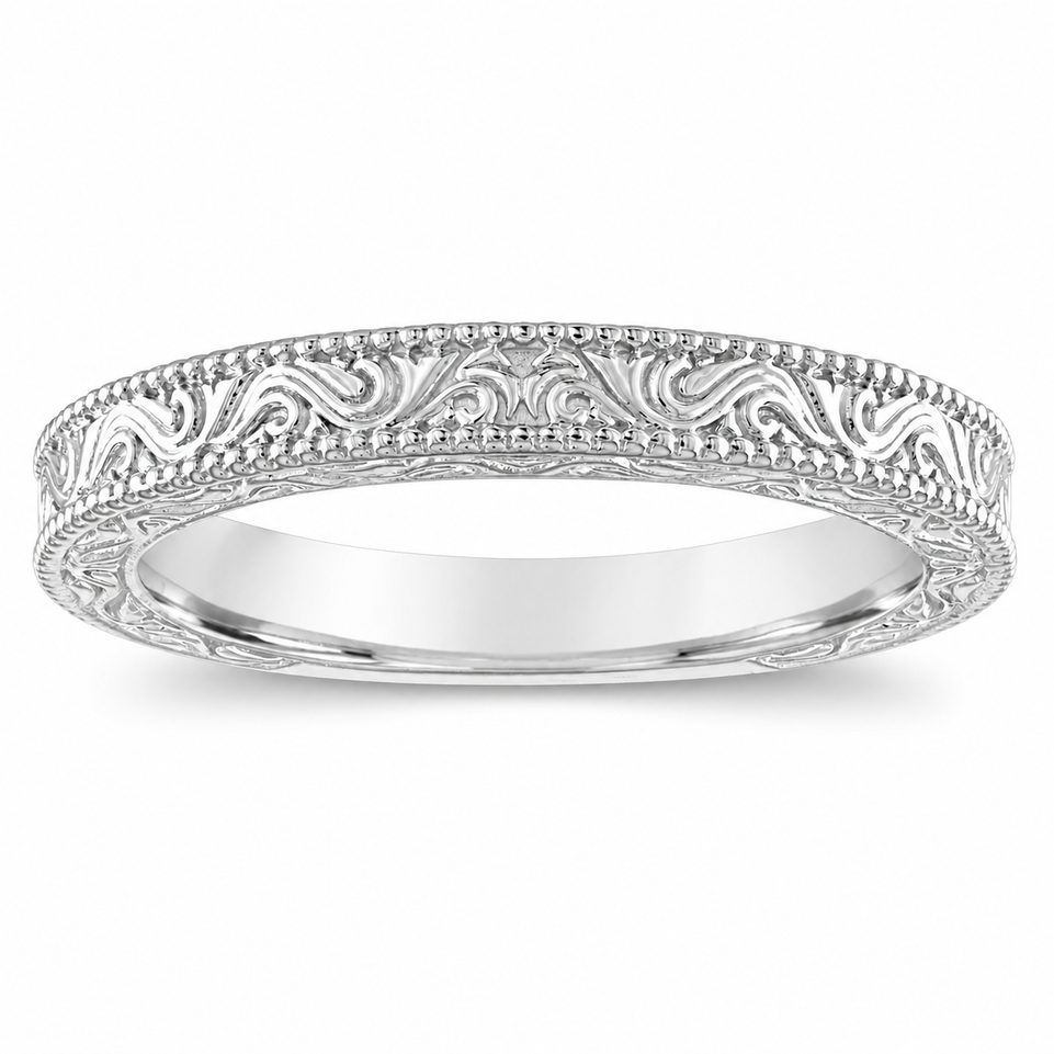 Platinum Wedding Band, Vintage Wedding Ring, Filigree Anniversary Ring, Antique Style Engraved Handmade