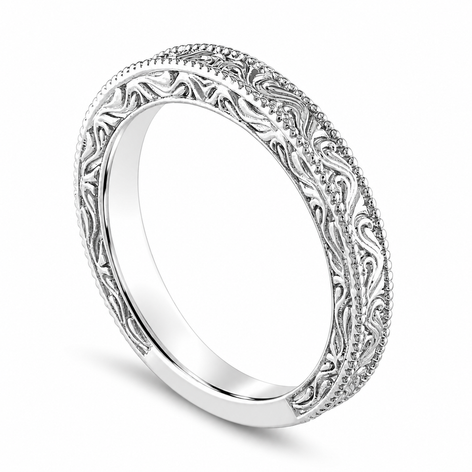 Platinum Wedding Band, Vintage Wedding Ring, Filigree Anniversary Ring, Antique Style Engraved Handmade