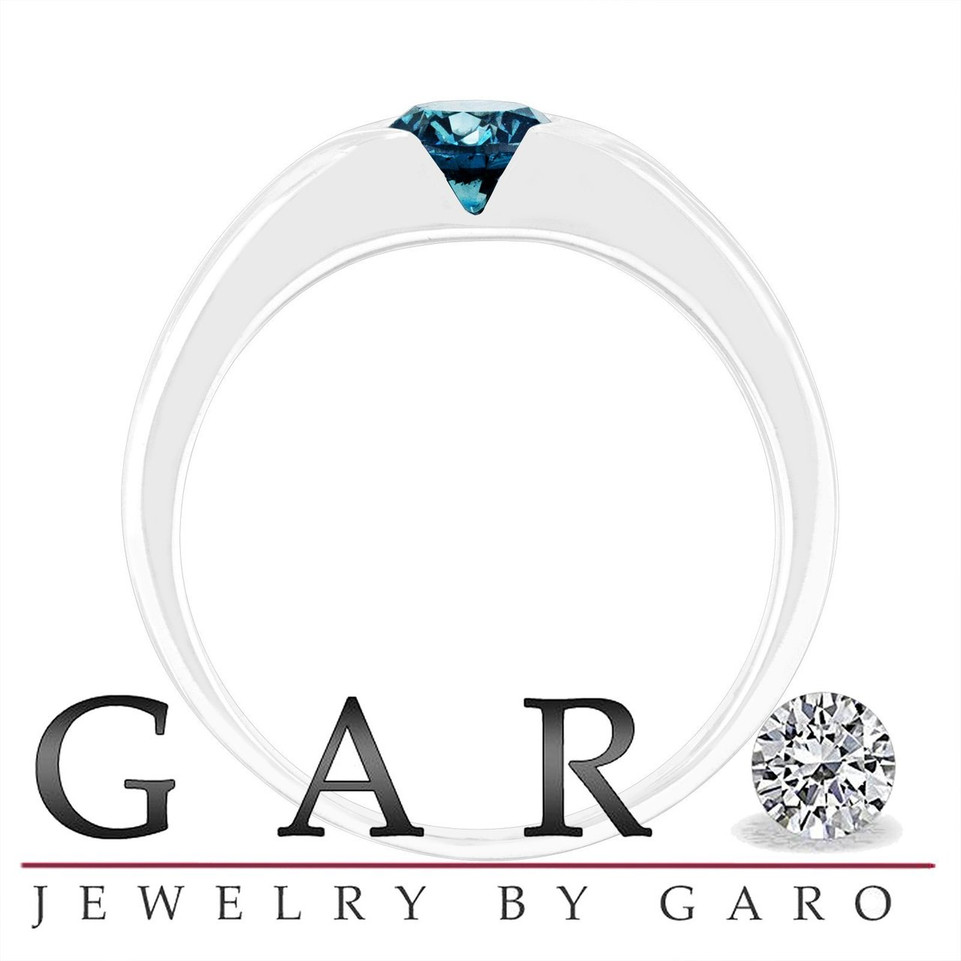 Blue Diamond Mens Wedding Ring, Mens Solitaire Ring, Womens Engagement Ring, 14K White Gold 0.70 Carat Handmade