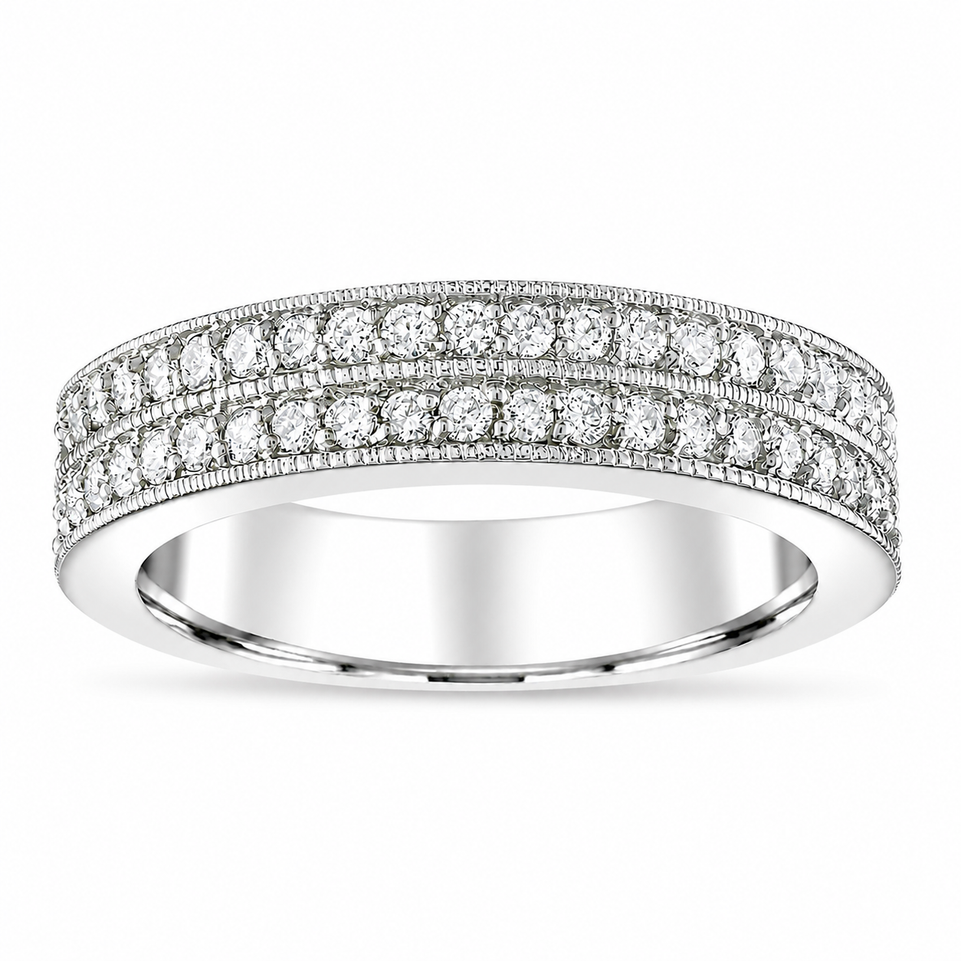 Two Row Diamond Wedding Band, Half Eternity 4 mm Unique Anniversary Ring 14K White Gold, Yellow Gold or Rose Gold 0.45 Carat Certified Handmade
