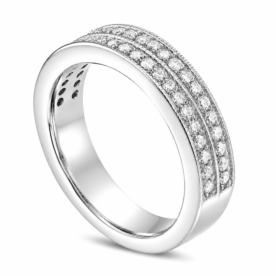 Two Row Diamond Wedding Band, Half Eternity 4 mm Unique Anniversary Ring 14K White Gold, Yellow Gold or Rose Gold 0.45 Carat Certified Handmade