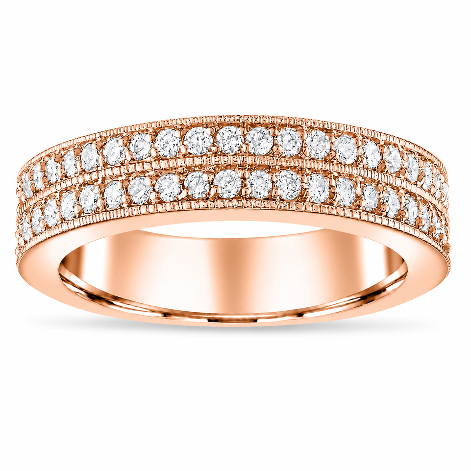 Two Row Diamond Wedding Band, Half Eternity 4 mm Unique Anniversary Ring 14K White Gold, Yellow Gold or Rose Gold 0.45 Carat Certified Handmade