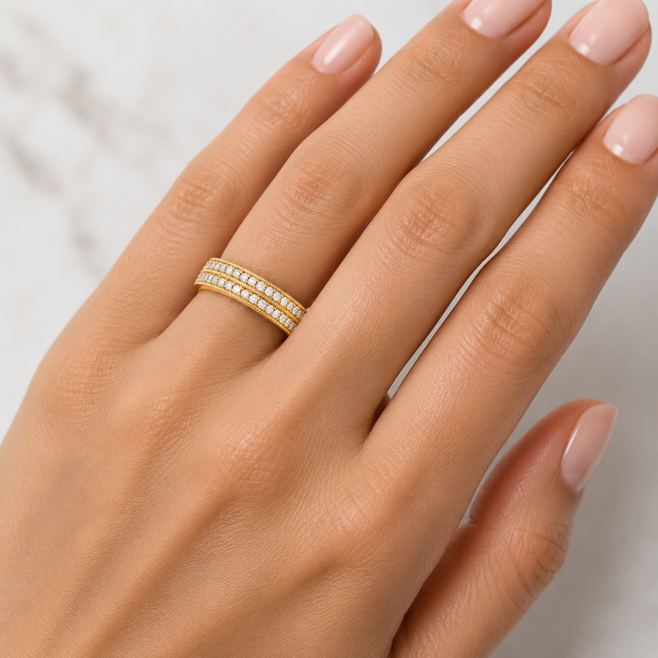 Half Eternity Diamond Wedding Band Two Rows Anniversary Ring, 4mm 0.45 Carat 18K White Gold, Rose Gold, Yellow Gold Or Black Gold Certified Handmade