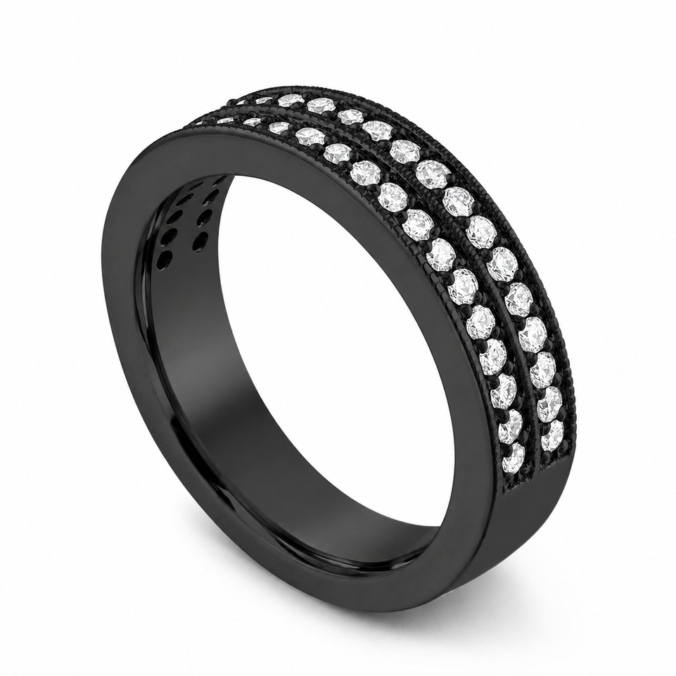 Half Eternity Diamond Wedding Band Two Rows Anniversary Ring, 4mm 0.45 Carat 18K White Gold, Rose Gold, Yellow Gold Or Black Gold Certified Handmade