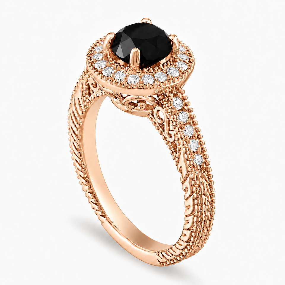 Black Diamond Halo Engagement Ring 1.48 Carat Vintage Unique Filigree Handmade Certified 14K White Gold Yellow Gold Rose Gold