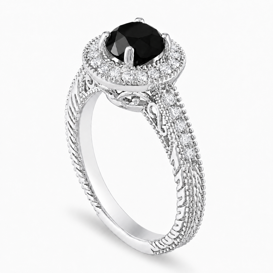 Black Diamond Halo Engagement Ring 1.48 Carat Vintage Unique Filigree Handmade Certified 14K White Gold Yellow Gold Rose Gold