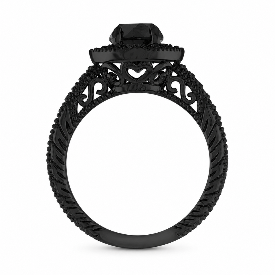 Black Diamond Engagement Ring 1.48 Carat Unique Vintage Filigree Halo Heart Design Certified Handmade 14K Black Gold