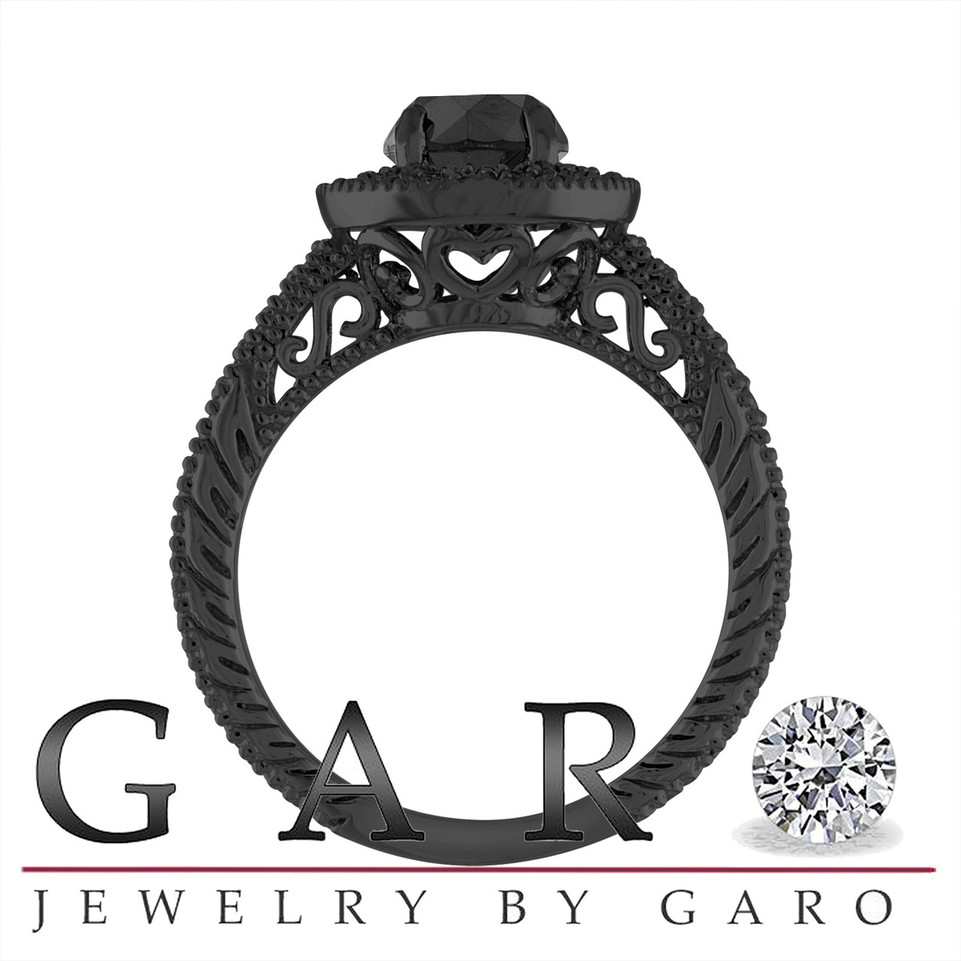 Unique Black Diamond Halo Engagement Ring 1.48 Carat Vintage Filigree Handmade Certified 18K White Gold Yellow Gold Rose Gold Black Gold