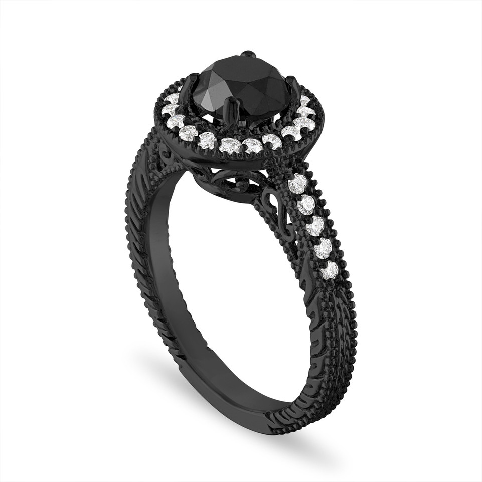Unique Black Diamond Halo Engagement Ring 1.48 Carat Vintage Filigree Handmade Certified 18K White Gold Yellow Gold Rose Gold Black Gold