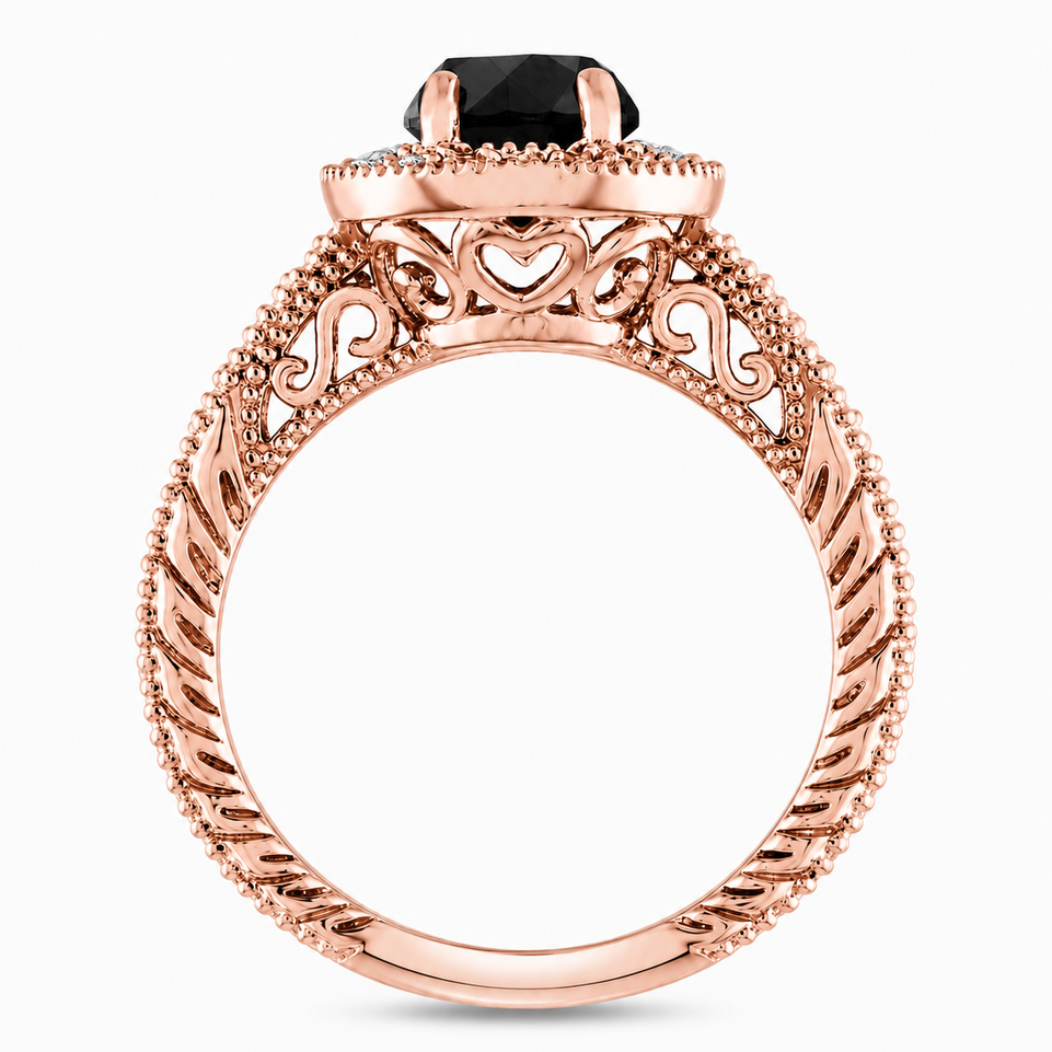 Unique Black Diamond Halo Engagement Ring 1.48 Carat Vintage Filigree Handmade Certified 18K White Gold Yellow Gold Rose Gold Black Gold