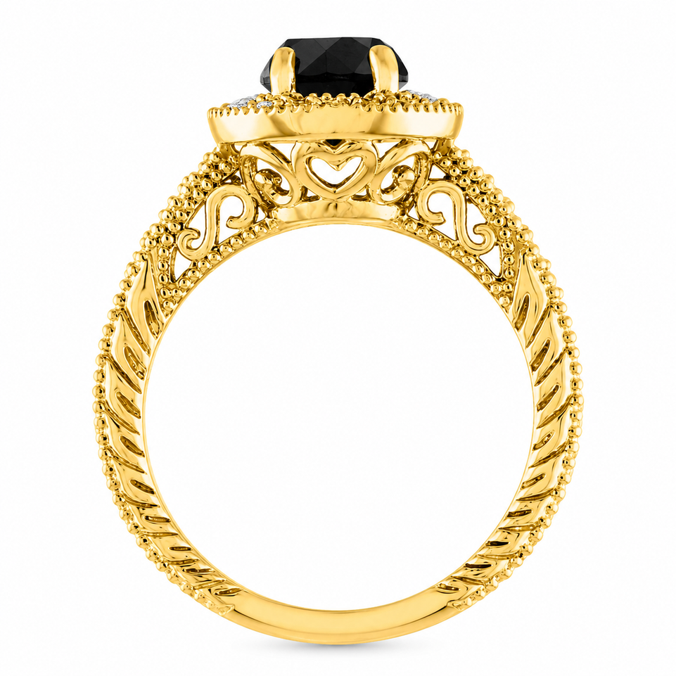 Unique Black Diamond Halo Engagement Ring 1.48 Carat Vintage Filigree Handmade Certified 18K White Gold Yellow Gold Rose Gold Black Gold