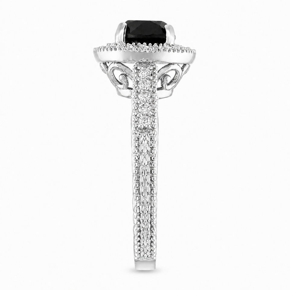 Unique Black Diamond Halo Engagement Ring 1.48 Carat Vintage Filigree Handmade Certified 18K White Gold Yellow Gold Rose Gold Black Gold