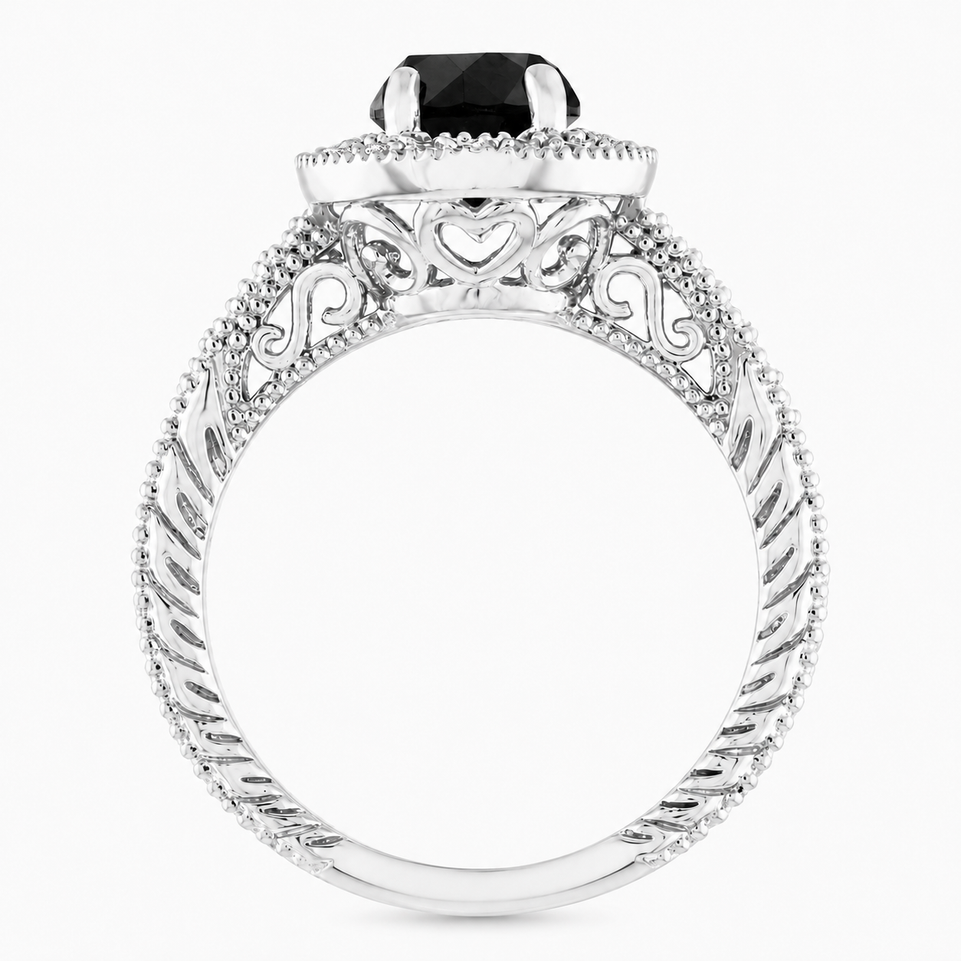 Unique Black Diamond Halo Engagement Ring 1.48 Carat Vintage Filigree Handmade Certified 18K White Gold Yellow Gold Rose Gold Black Gold