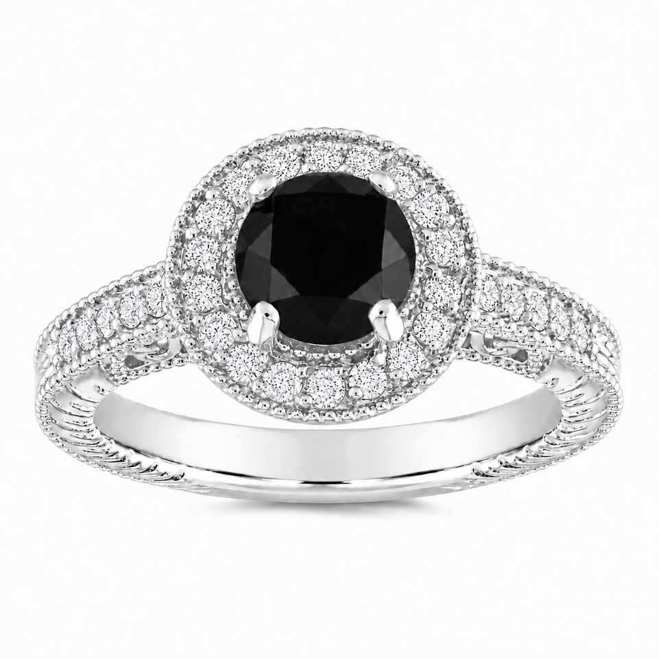 Unique Black Diamond Halo Engagement Ring 1.48 Carat Vintage Filigree Handmade Certified 18K White Gold Yellow Gold Rose Gold Black Gold