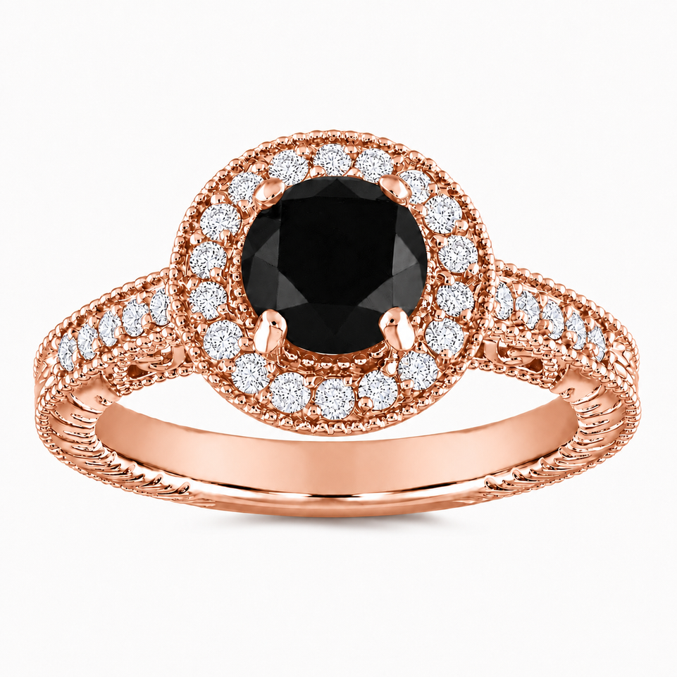 Unique Black Diamond Halo Engagement Ring 1.48 Carat Vintage Filigree Handmade Certified 18K White Gold Yellow Gold Rose Gold Black Gold
