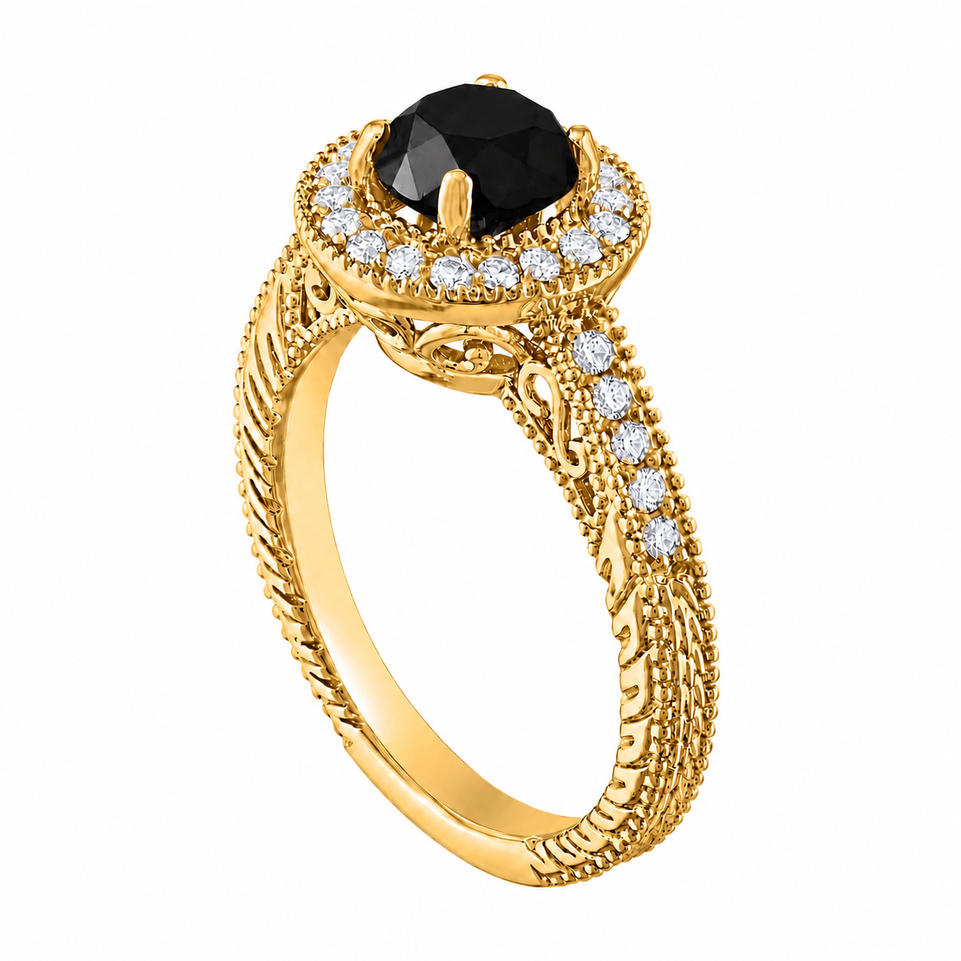 Unique Black Diamond Halo Engagement Ring 1.48 Carat Vintage Filigree Handmade Certified 18K White Gold Yellow Gold Rose Gold Black Gold