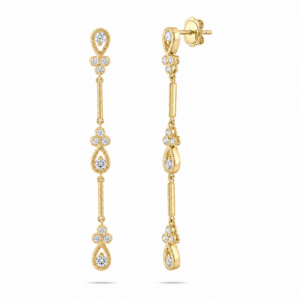 0.70 Carat Unique Floral Diamond Dangle & Drop Earrings 14K White, Yellow Or Rose Gold 2.25 Inch Handmade