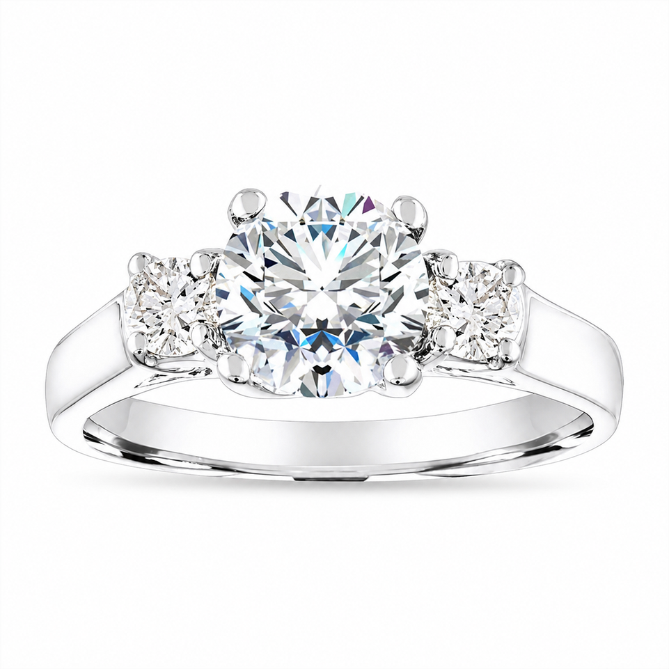 1.50 Carat Natural Diamond Three Stone Engagement Ring 14K White Gold GIA Certified Handmade