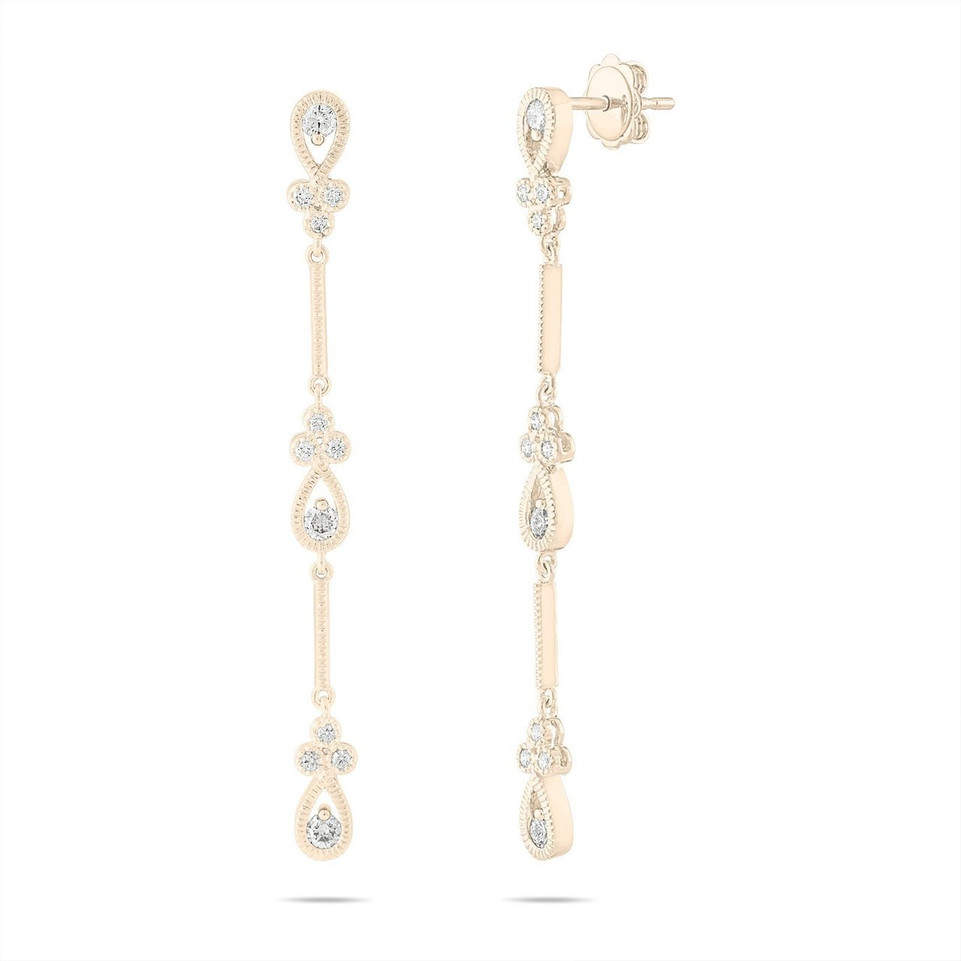 0.70 Carat Diamond Dangle Earrings, Bridal Drop Earrings, Floral Earrings, Anniversary Gift, 14K Yellow Gold Handmade 2.25 Inch Unique
