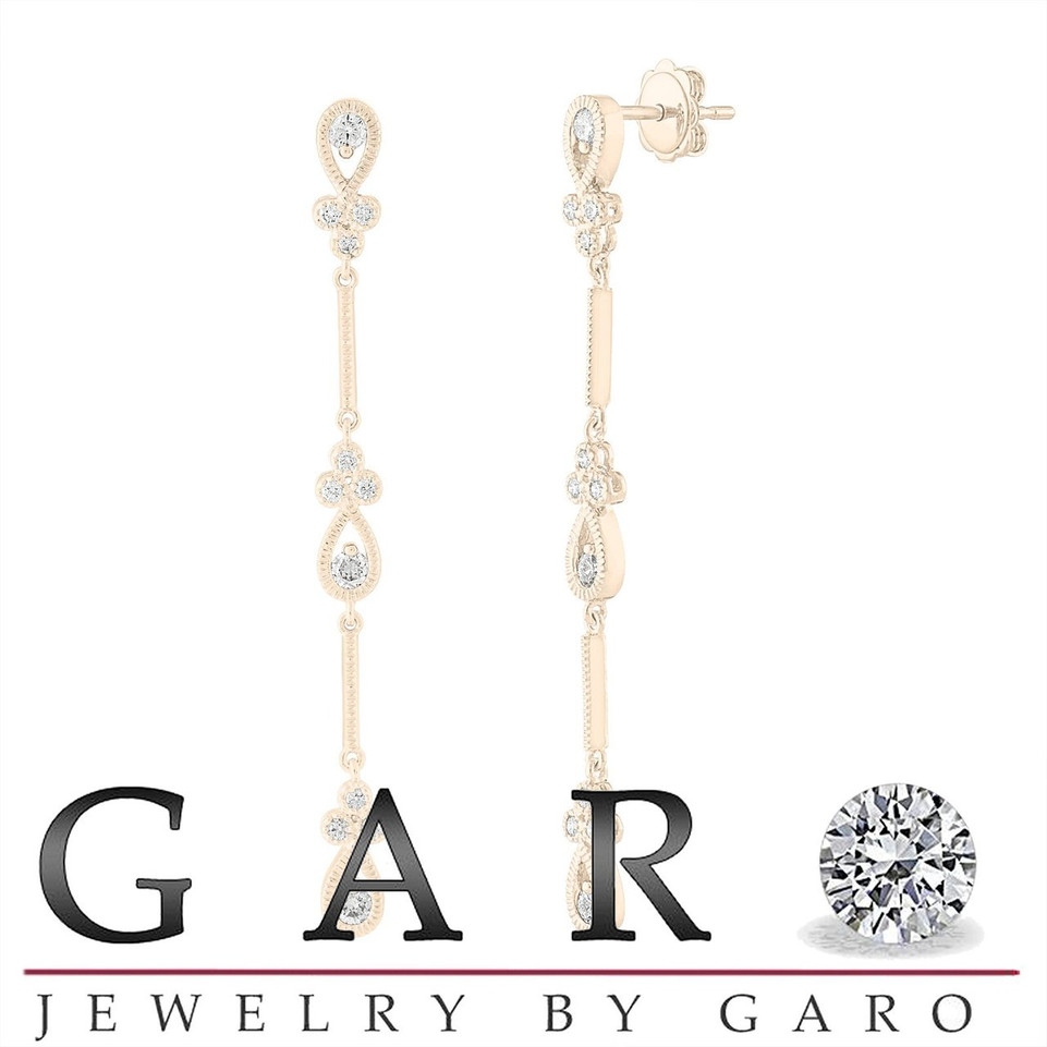 0.70 Carat Diamond Dangle Earrings, Bridal Drop Earrings, Floral Earrings, Anniversary Gift, 14K Yellow Gold Handmade 2.25 Inch Unique
