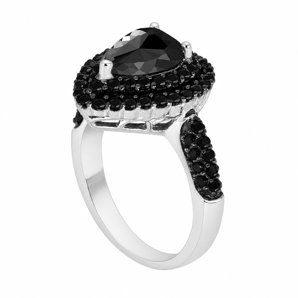 Rose Cut Black Diamond Engagement Ring, Pear Shaped Double Halo 2.70 Carat 14k White Gold Unique Handmade Certified