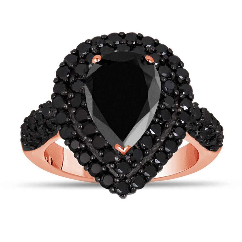3.71 Carat Pear Shaped Black Diamond Double Halo Engagement Ring 14K Rose Gold Unique Certified Handmade