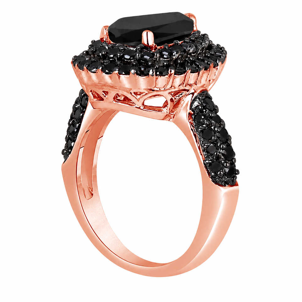 3.71 Carat Pear Shaped Black Diamond Double Halo Engagement Ring 14K Rose Gold Unique Certified Handmade