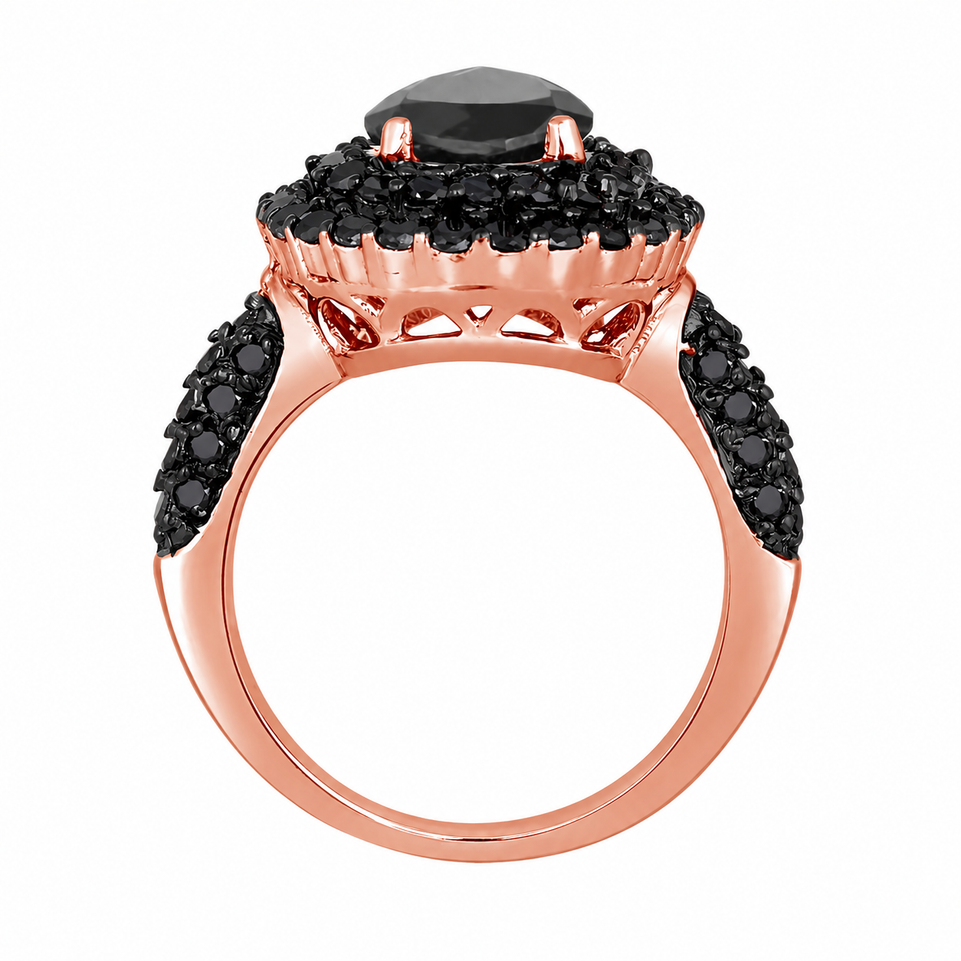 3.71 Carat Pear Shaped Black Diamond Double Halo Engagement Ring 14K Rose Gold Unique Certified Handmade