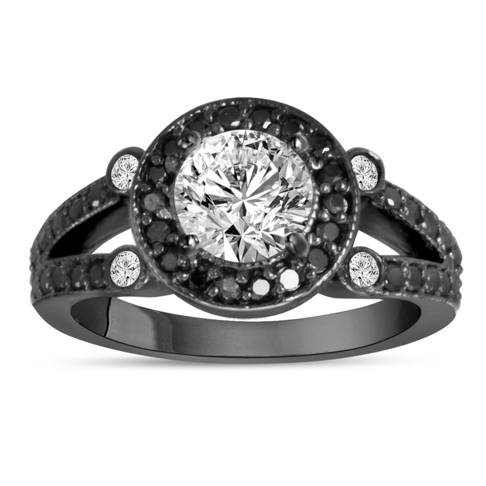 Natural Diamond Halo Engagement Ring 1.50 Carat GIA Certified 14K Black Gold Vintage Style Unique Handmade
