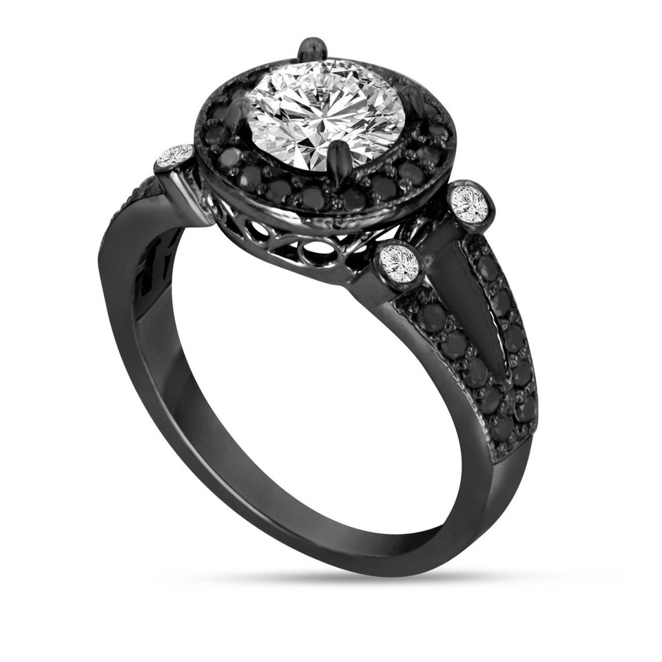 Natural Diamond Halo Engagement Ring 1.50 Carat GIA Certified 14K Black Gold Vintage Style Unique Handmade