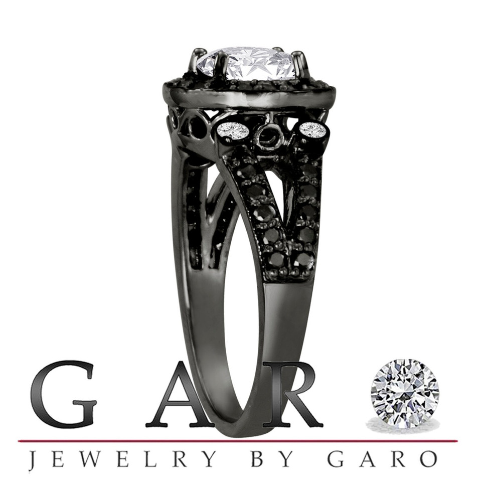 Natural Diamond Halo Engagement Ring 1.50 Carat GIA Certified 14K Black Gold Vintage Style Unique Handmade