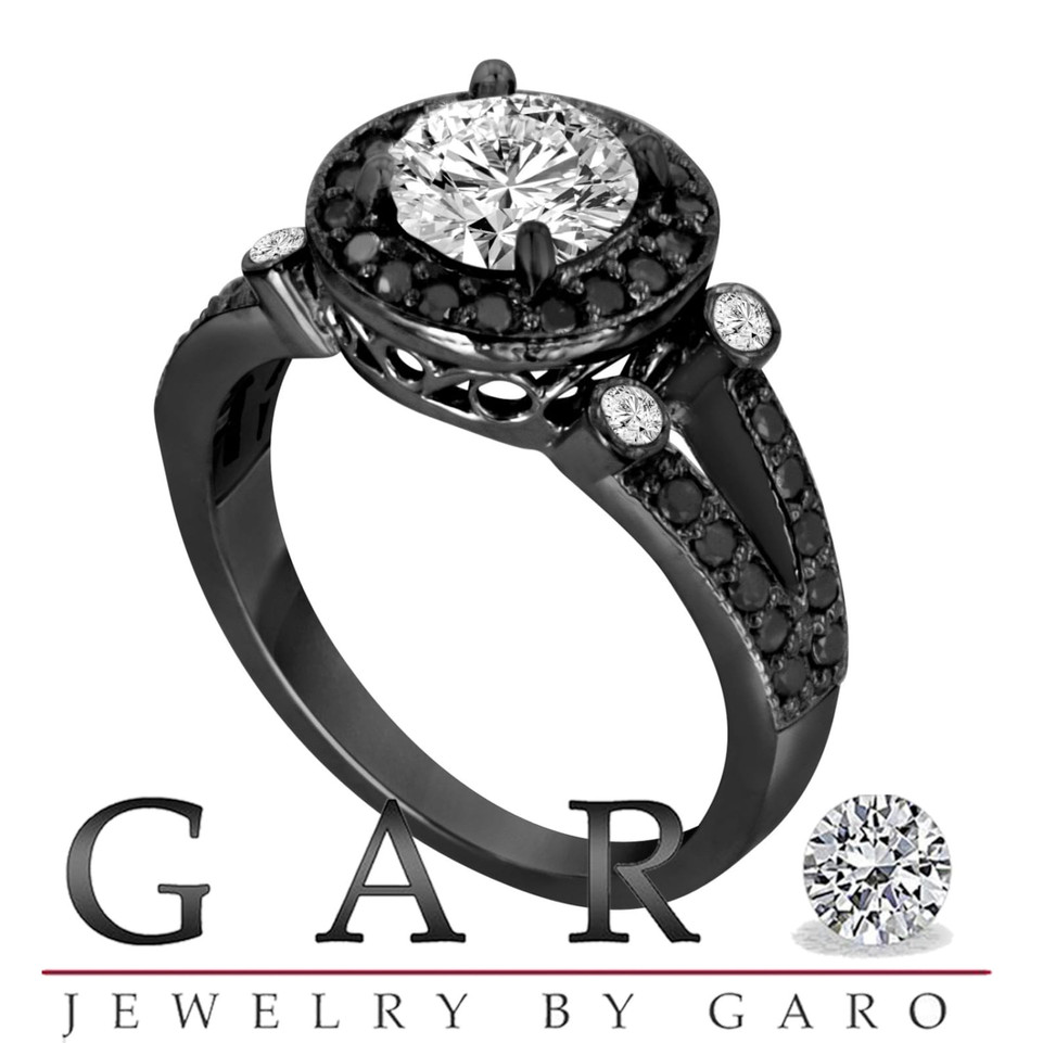 Natural Diamond Halo Engagement Ring 1.50 Carat GIA Certified 14K Black Gold Vintage Style Unique Handmade