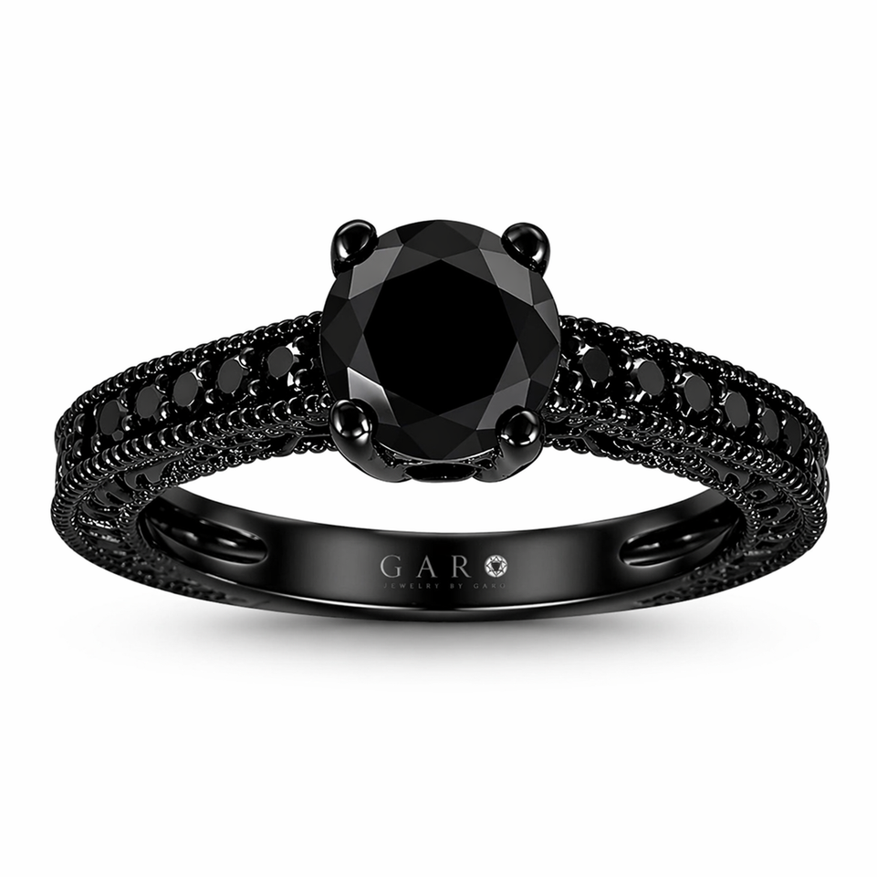 1.62 Carat Black Diamond Engagement Ring 14K Black Gold Vintage Style Certified Handmade