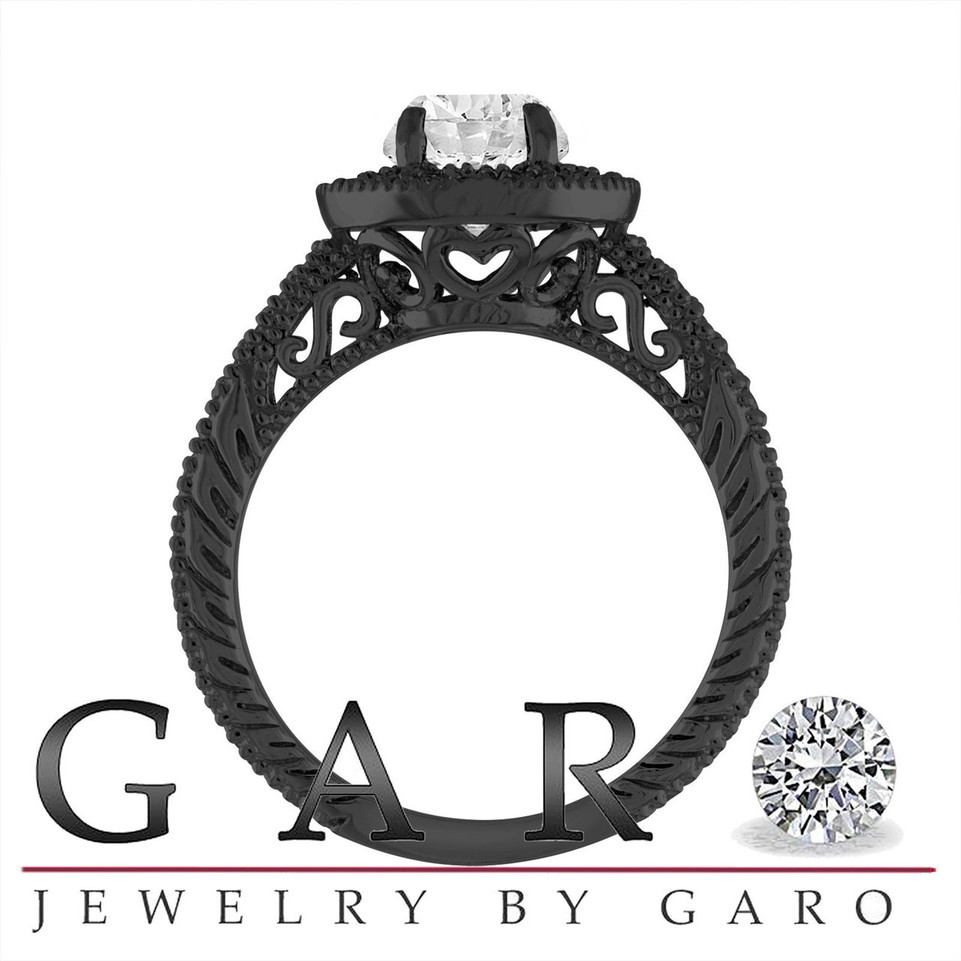 Diamond Engagement Ring Vintage, Scroll Detailing 1.29 Carat GIA Certified Engraved Halo Pave 14K Black Gold Unique
