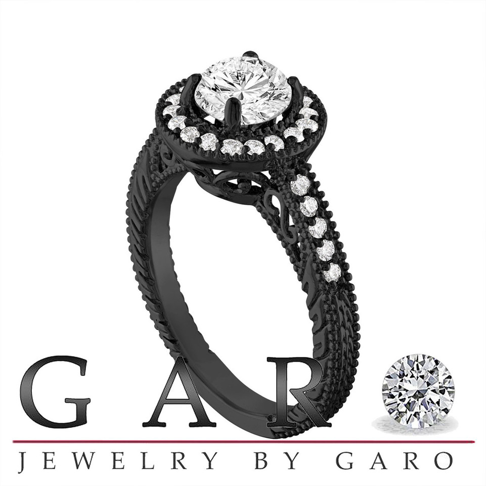 Diamond Engagement Ring Vintage, Scroll Detailing 1.29 Carat GIA Certified Engraved Halo Pave 14K Black Gold Unique
