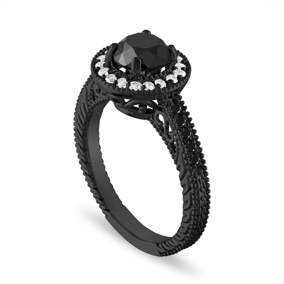 1.35 Carat Black and White Diamonds Engagement Ring, Vintage Wedding Ring, Halo Pave 14K Black Gold Certified Handmade Unique
