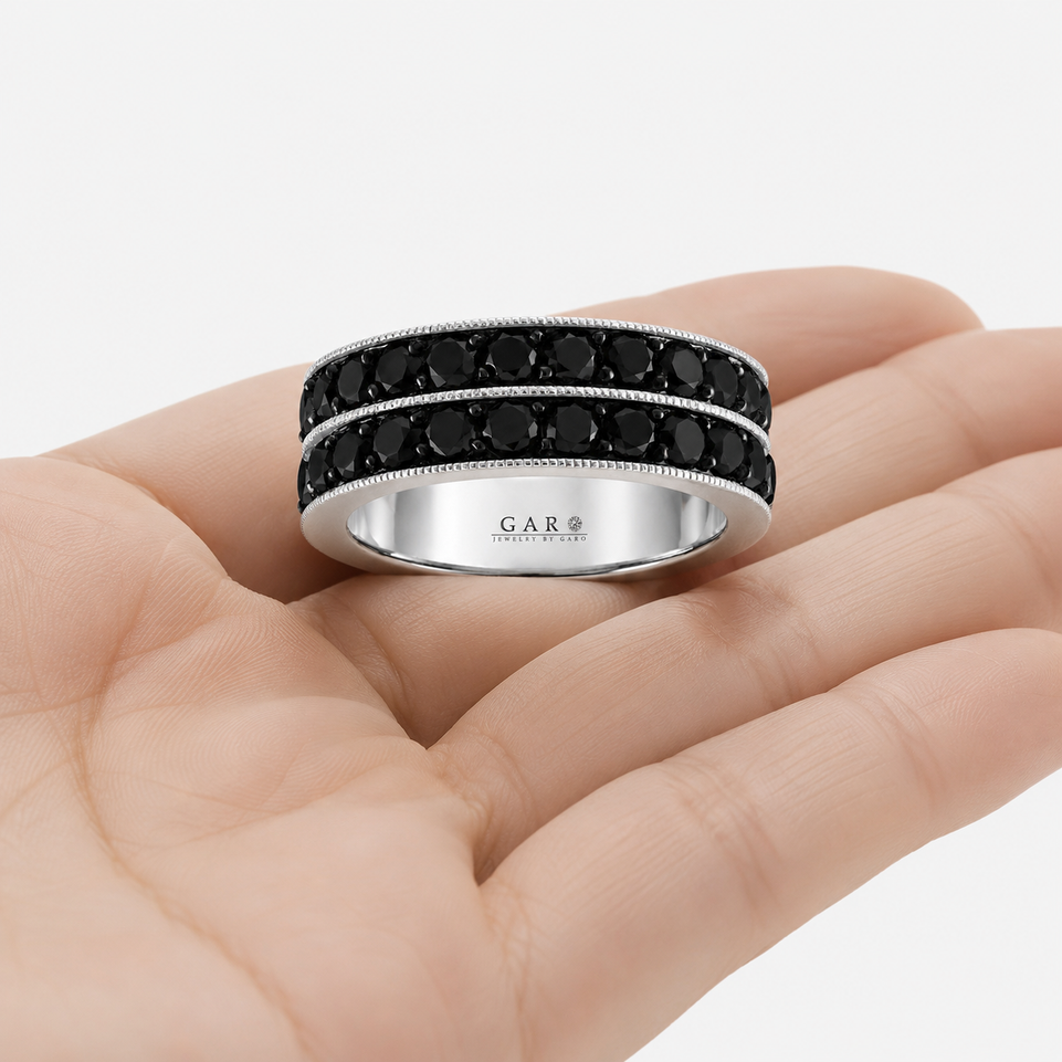 3 Carat Black Diamond Men’s Wedding Band 8mm Two Row Pave 14K White Gold Handmade Certified