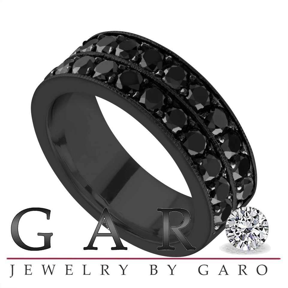 Black Diamond Mens Wedding Band, Two Row Unique Ring, 3 Carat 8 mm  14K Black Gold Handmade Certified
