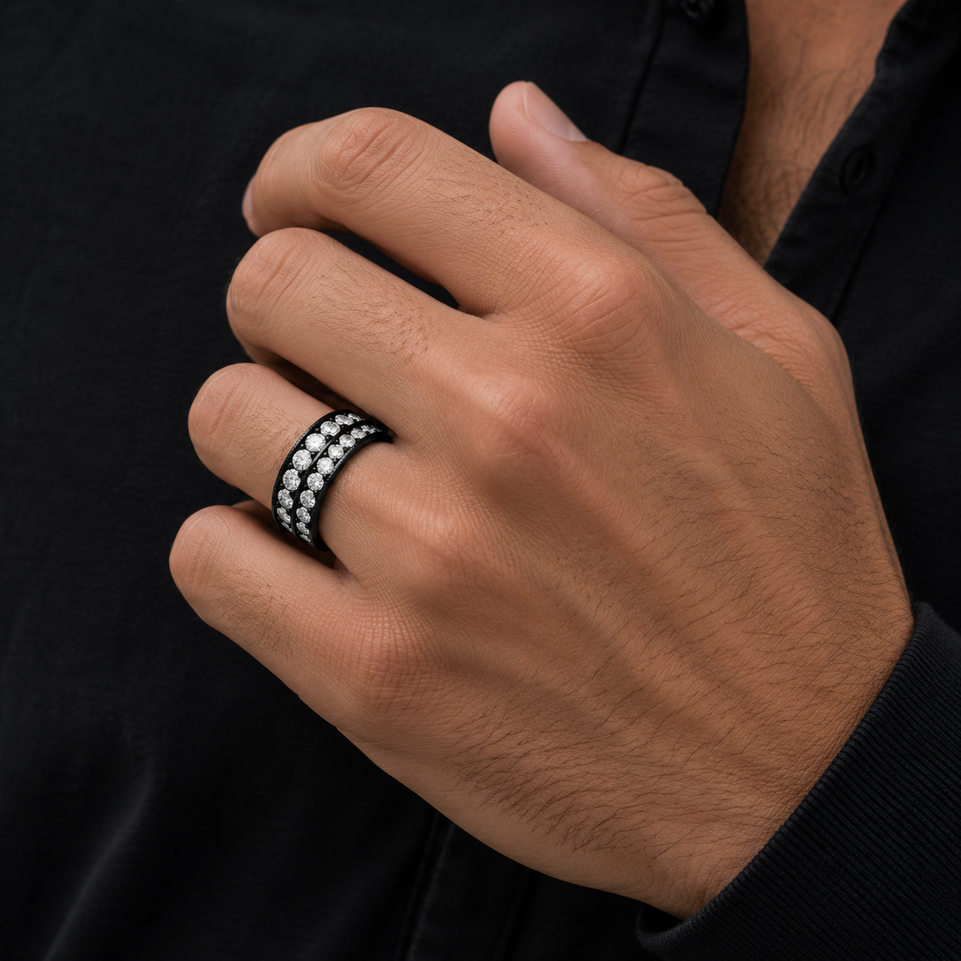 Mens Diamond Wedding Band, Vintage Diamond Wedding Ring, 2.64 Carat 8 mm Two Row Pave 14K Black Gold Handmade Certified Unique
