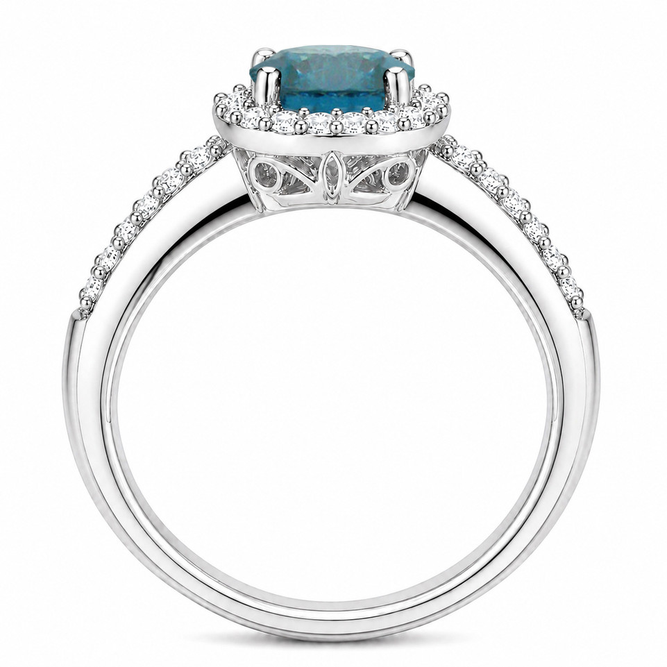 VS2 Blue Diamond Halo Engagement Ring 1.35 Carat 14K White Gold Certified Handmade