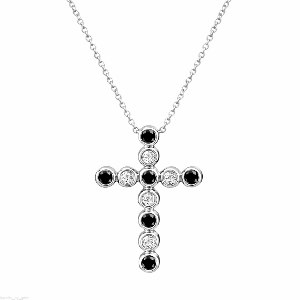 Black & White Diamonds Cross Pendant Necklace 0.45 Carat 14K White Gold Certified Handmade