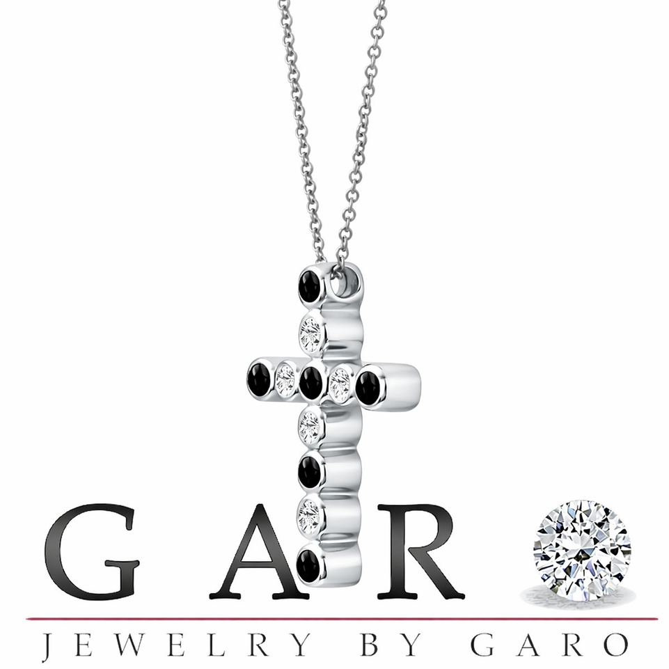 Black & White Diamonds Cross Pendant Necklace 0.45 Carat 14K White Gold Certified Handmade